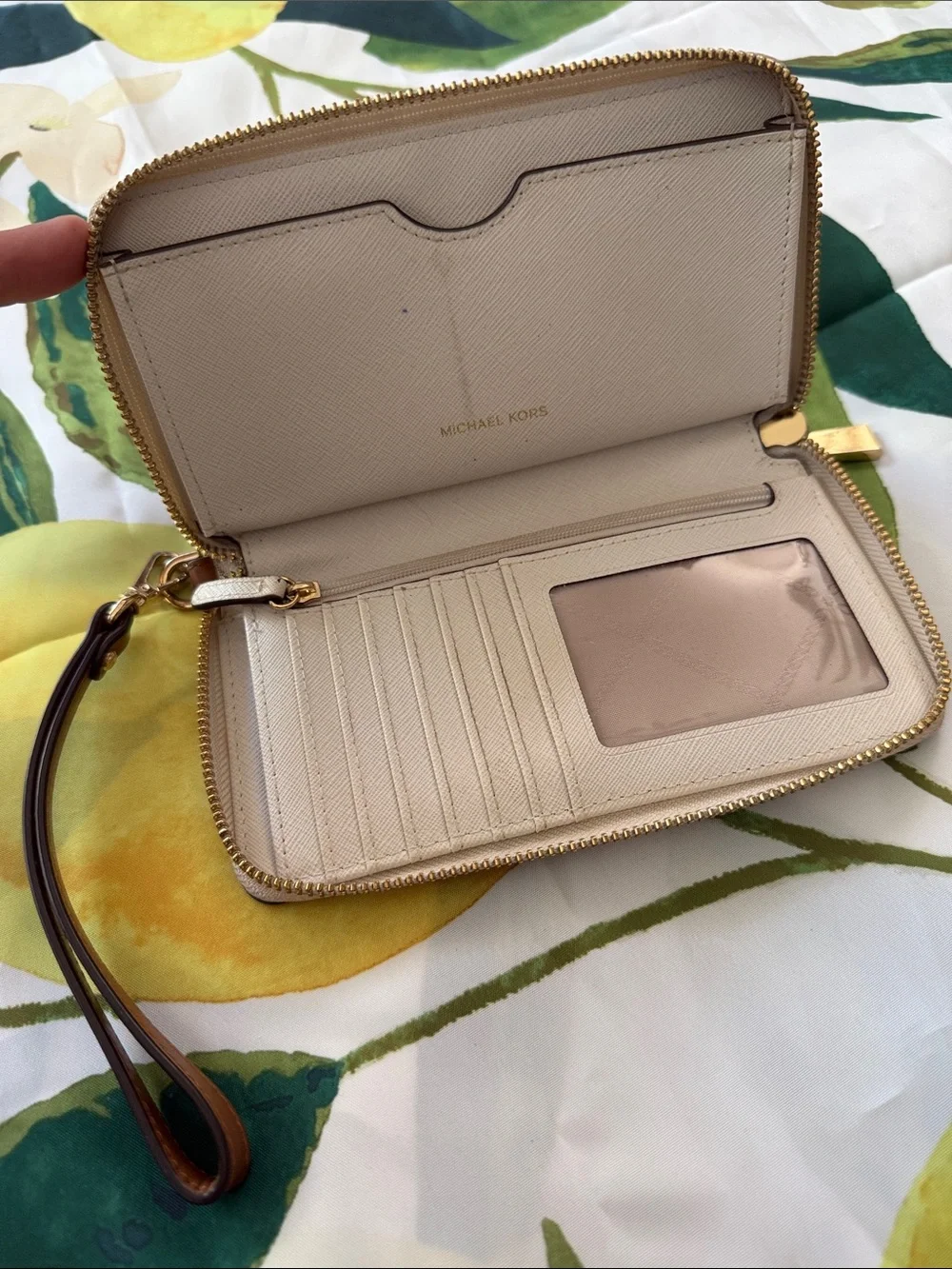 Michael Kors Beige Signature Zip Wristlet with Gold Hardware
